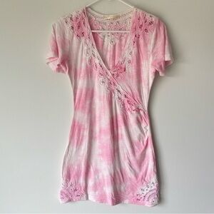 LoveShackFancy Mildred Mini T-Shirt Dress Pink White Tie-Dye Lace Cutout Bodycon